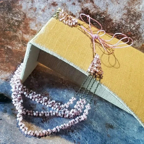 Edgy Little Pink Glazed Porcelain Beads Antique Brass Multistrand Necklace - Picture 3 of 8